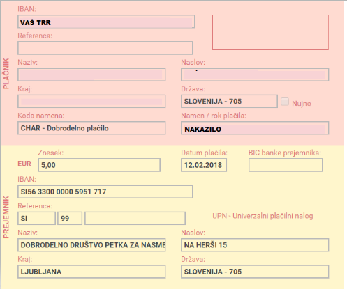 Primer izpolnjenega UPN obrazca
